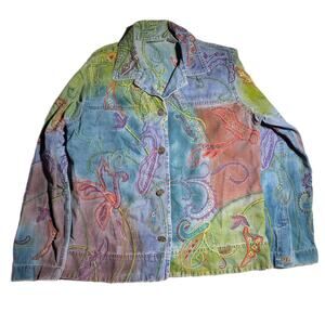 Vtg 1990s Chico's Watercolor Dye Floral Embroidered Blue Cotton Denim Jacket 1 M